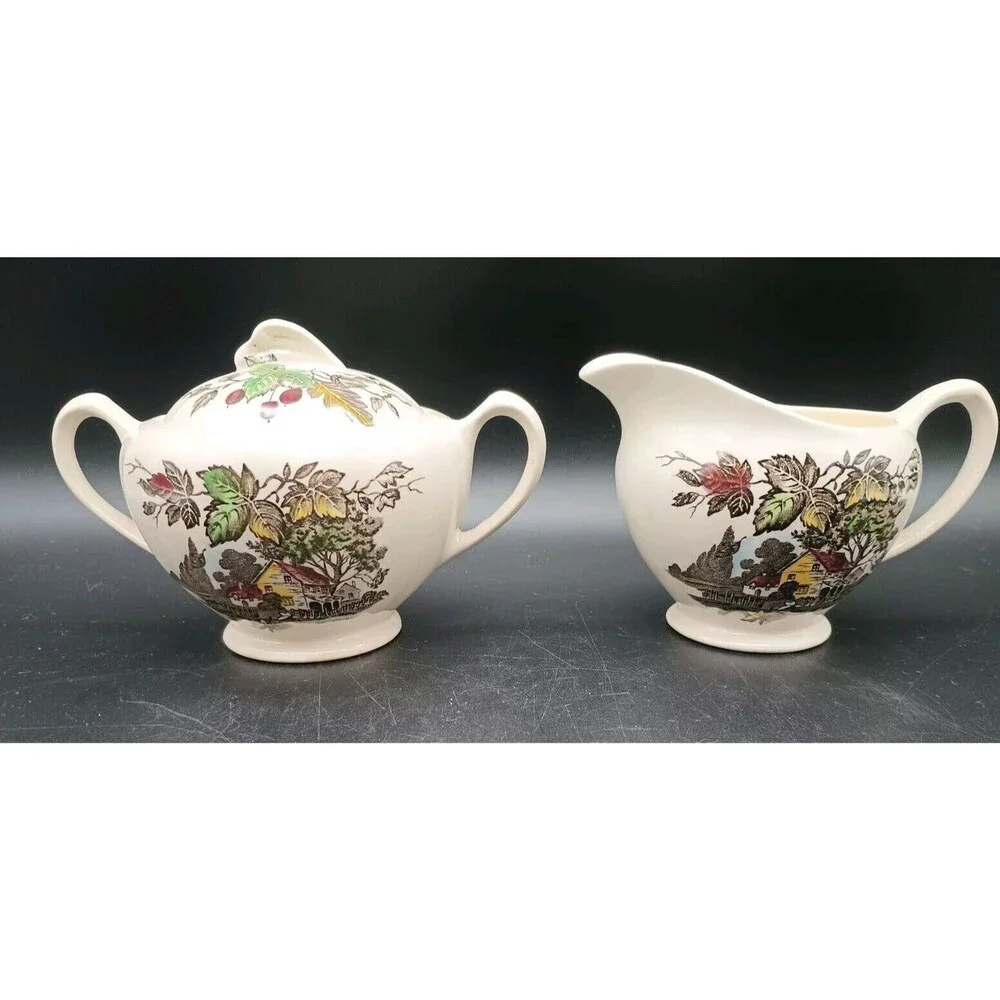 J & G Meakin Welcome Home Creamer Sugar Bowl Lid Autumn Leaves